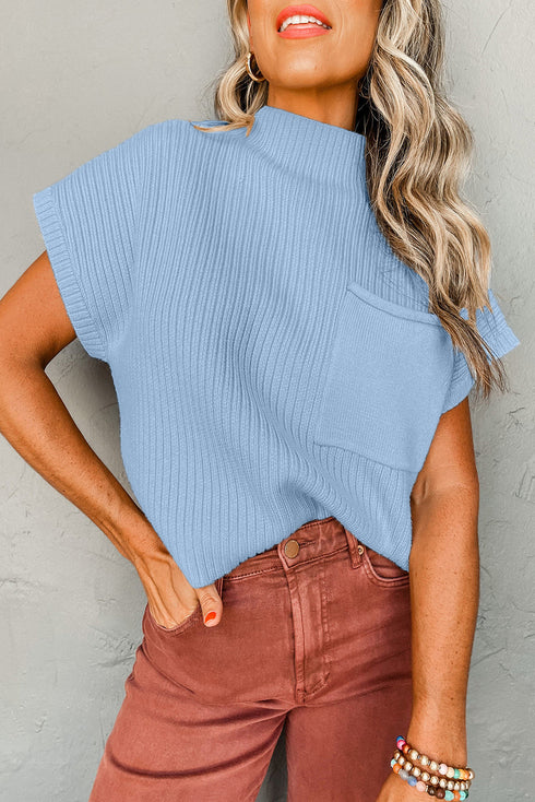 Ribbed Mock Neck Patch Pocket Drop Shoulder Short Sleeve Sweater